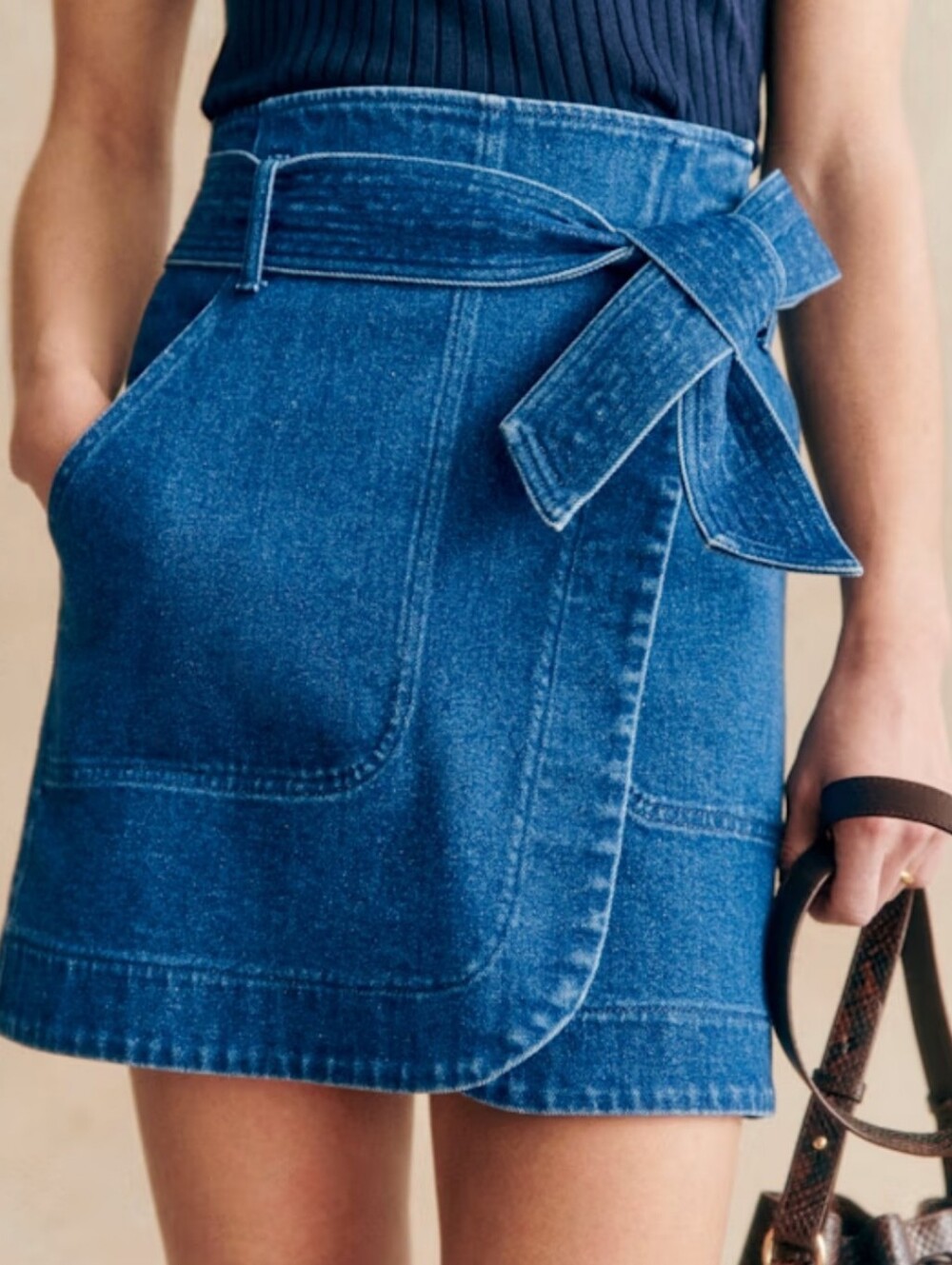 Sezane Dark Blue Lana Wrap Denim Wrap Mini Skirt with Tie Belt - Blue
